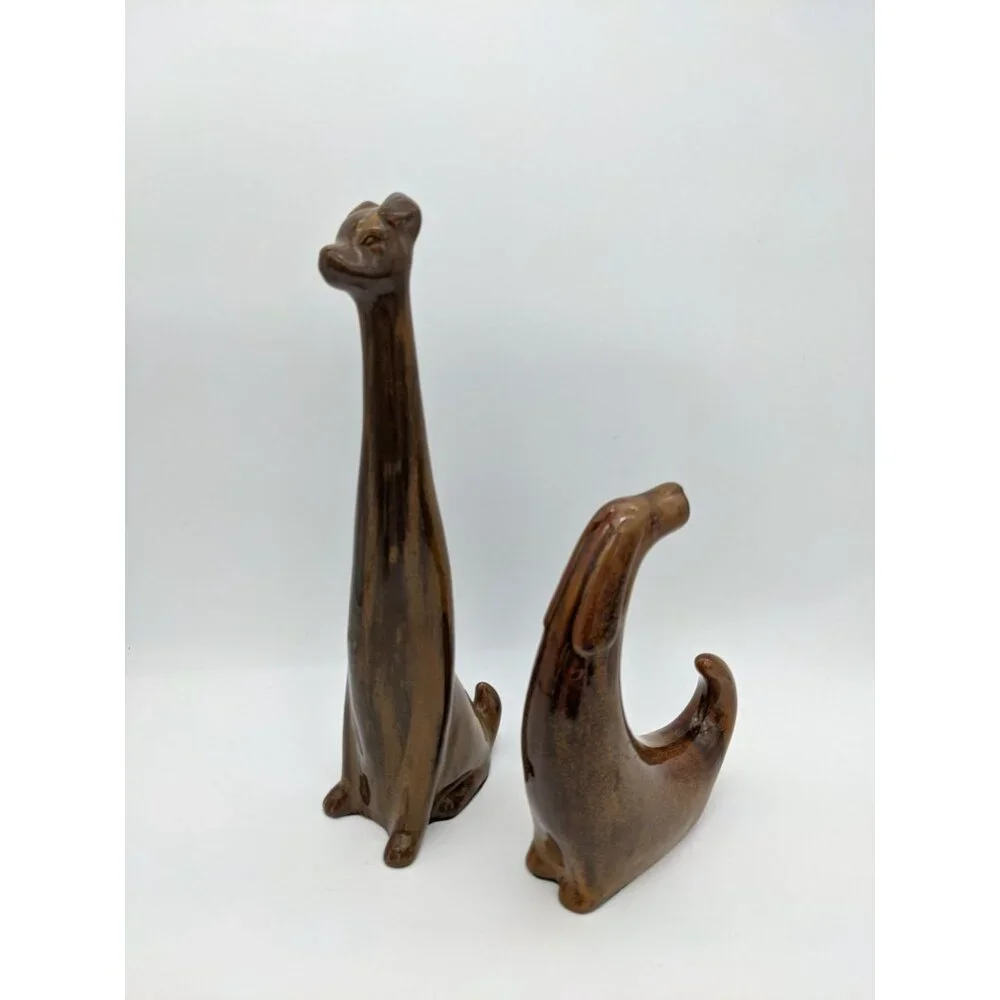 Vintage Mid Century Modern Ceramic Dog Pair Abstract‎ Long Neck Figurines Retro